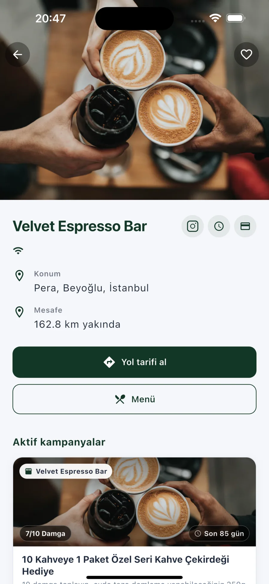 trinQ işletme detay sayfası: konum, yol tarifi, menü ve aktif kampanyalar