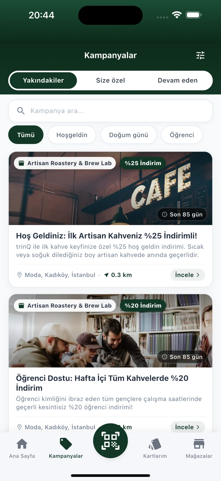 trinQ uygulamasında işletmenin aktif kampanyaları